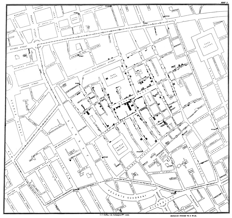 John Snow's 1854 cholera map of Soho, London, an early example of geographic data visualisation revealing causation